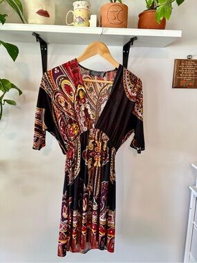 Costa Blanca Black Midi Dress with Red & Gold Paisley Print